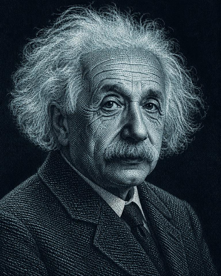 Engraved portrait of Albert Einstein