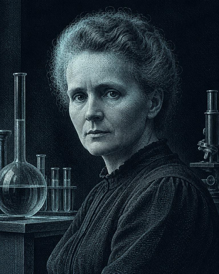 Engraved portrait of Marie Curie