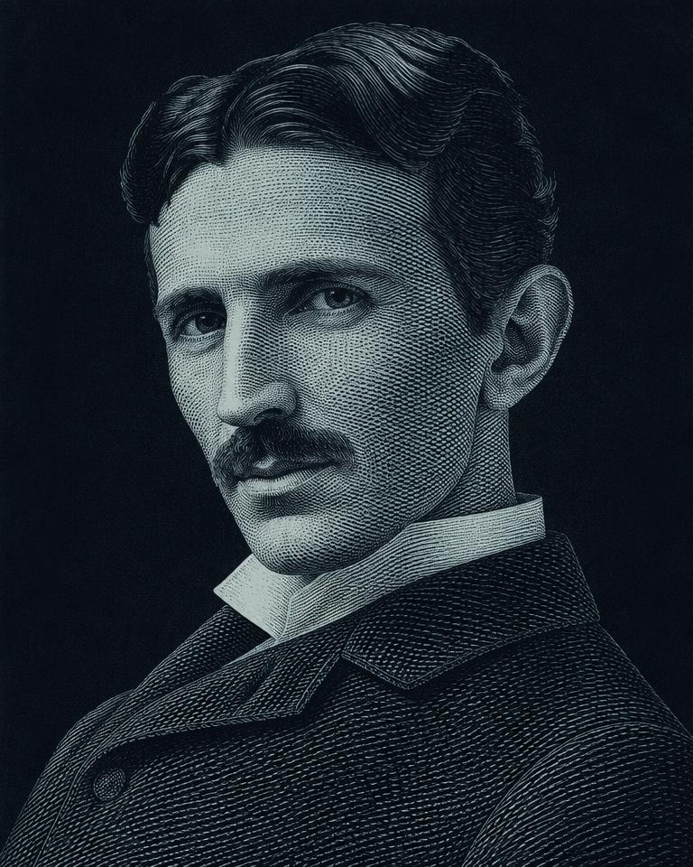 Engraved portrait of Nikola Tesla